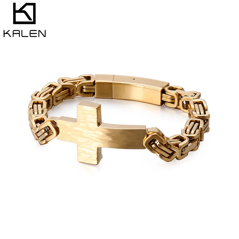 KALEN Classic Christian Cross Charm Bracelets For Men 21cm Stainless Steel Byzantine Chain Link