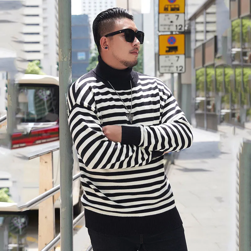 ^Cheap Men's Sweaters Tide brand Large size XXL-7XL Men's High Collar Striped Sweater Men's winter pullover for 140kg men