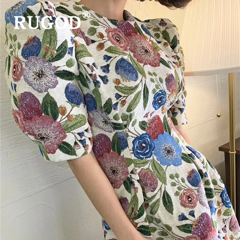 RUGOD корейские новые весенние женские платья с круглым вырезом и цветочным принтом с коротким рукавом, мини-платье в стиле ампир, модное винтажное женское платье