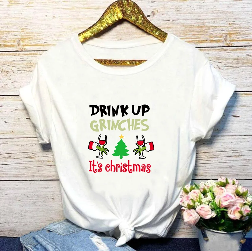 2QIMU Drink Up Grinches It's Christmas футболки модные графические женские Топы футболка с коротким рукавом женская Праздничная футболка