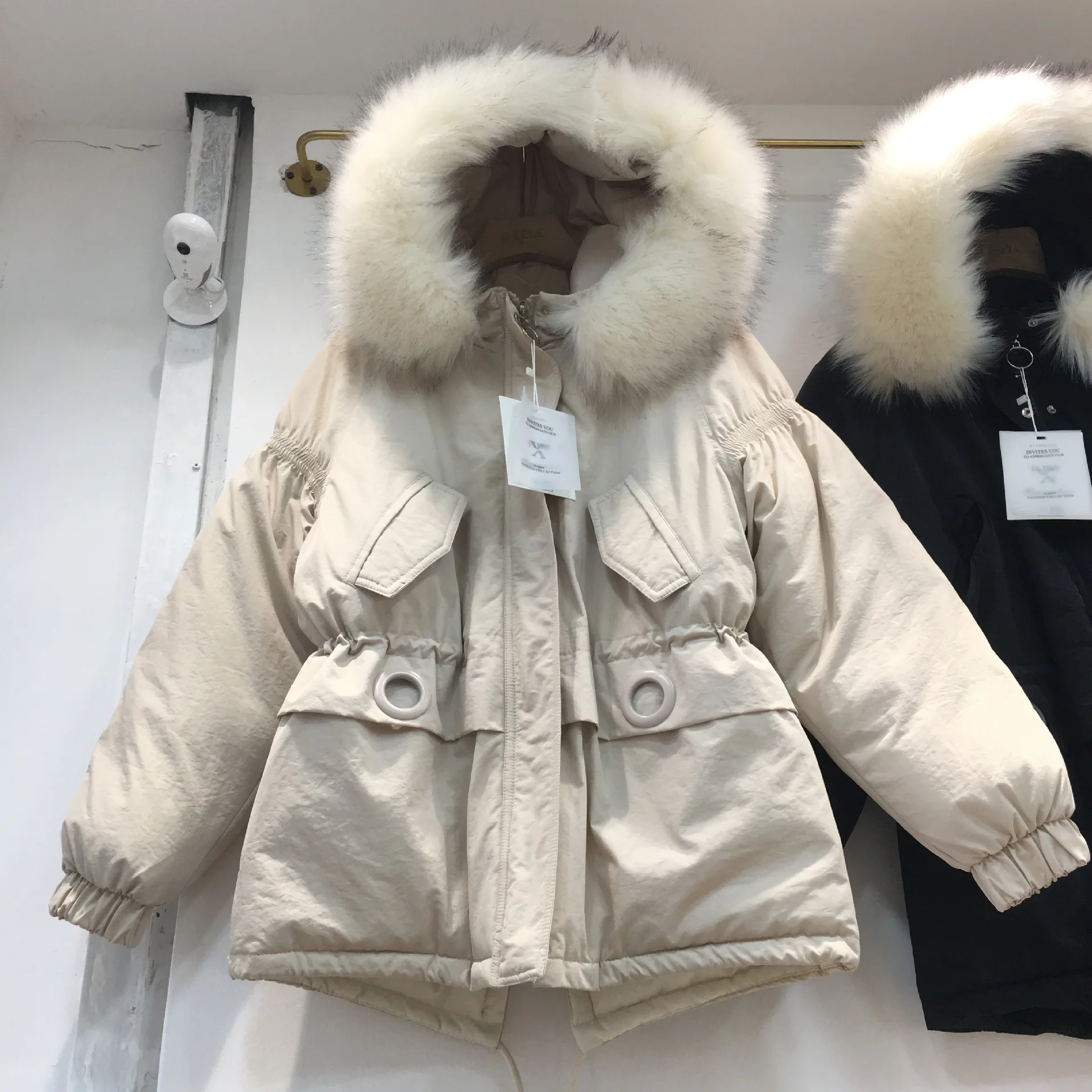 

Korean-style 2019 Winter New Style Loose-Fit Versatile Drawstring Waist Hugging Large Fur Collar Hooded Workwear Cotton Coat Blo