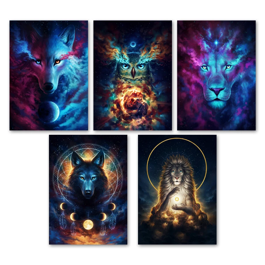 Abstract Animal Lion Owl Wolf Galaxy Wall Art Canvas Painting Nordic Posters And Prints Wall Pictures For Living Room Home Decor