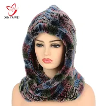 Женская вязаная шапка из натурального меха кролика, женские шапки, шапка с капюшоном, зимние шапки для женщин, шапка из натурального меха, шарф для шеи