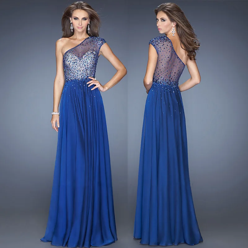 Sexy backless een schouder blue chiffon lange Prom Jurken 2015 nieuwe kralen party Avondjurk Custom Made vestidos para festa Sexy backless een schouder blue chiffon lange Prom Jurken 2015 nieuwe kralen party Avondjurk Custom Made vestidos para festa