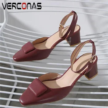 

VERCONAS Women Thick Heel Pointed Toe Lace Up Brand Design Sandals Thick Heels High Quality Genuine Leather Summer Shoes Woman
