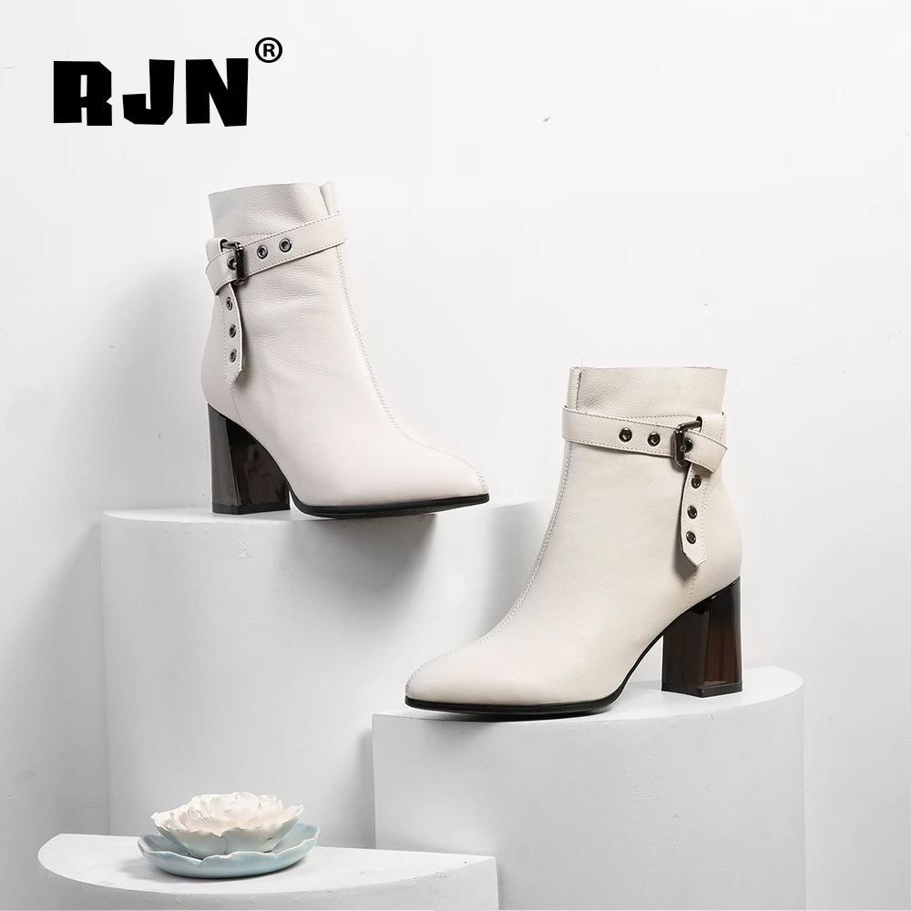 

RJN Sexy Pointed Toe Women Boots Fashion Buckle Strap Genuine Leather Wood Grain Heel Zipper Handmade Shoes Ankle Boots RO71