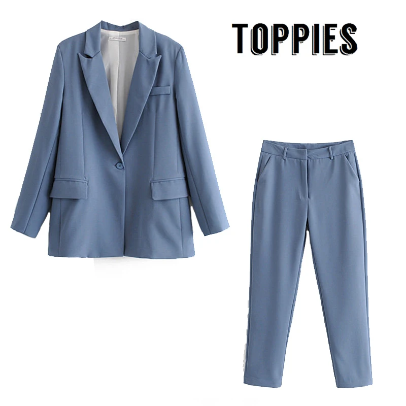 

Leisure Office Pink Blue Suit Set Single Button Blazer Jacket High Waist Suit Pants Fall 2019 Two Piece Set Women
