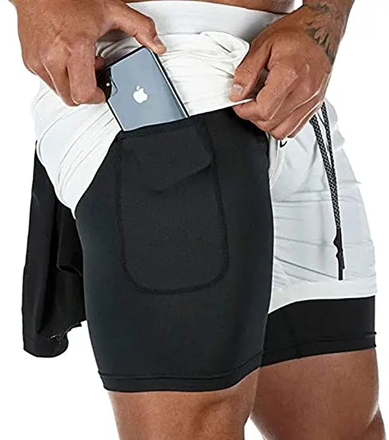 Men's Running Shorts Camo Gym Fitness Compression Workout Basketball 2 In 1 Tights Quick Dry Training Clothing Sports Shorts Man GUDK33-White