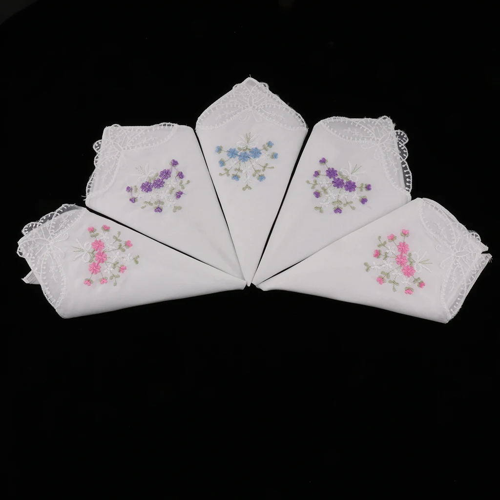 5pcs Womens 27 cm Cotton Hankies Thin Floral Embroidered Lace Handkerchief Hanky Lady White Pocket Square Scarves носовые платки