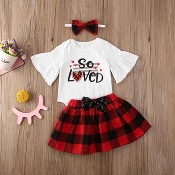 

Pudcoco Newborn Baby Girl Clothes Valentine's Day Print Long Sleeve Romper Tops Plaids Mini Skirt Headband 3Pcs Outfits Clothes