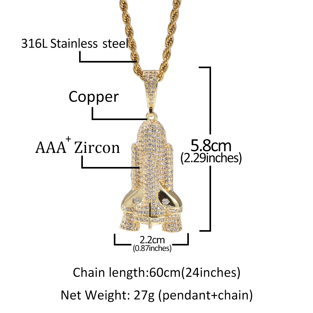 Uwin Rocket Pendant AAA Cubic Zircon Hiphop Necklace Tennis Chain Gold Silver Trendy Rock Men Hip Hop Punk Jewelry