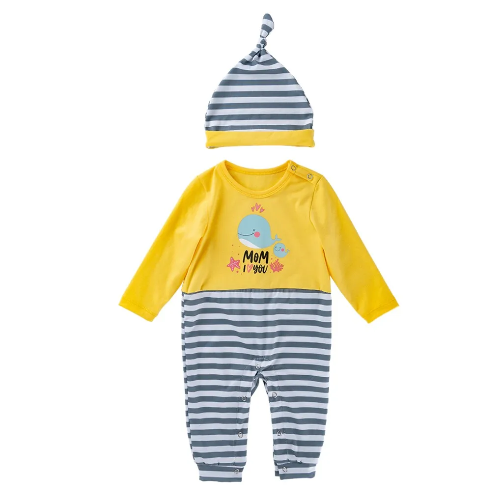 Одежда для новорожденных; костюм для малышей; комбинезон в полоску с длинными рукавами и шапочка; комплект одежды; комбинезон для детей