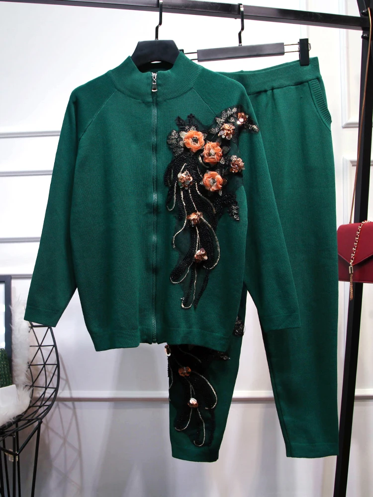 9,20 новинка высокое качество вышивка цветок длинный рукав вязаный кардиган пальто+ повседневные брюки комплект из двух предметов для женщин