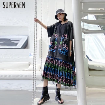 

SuperAen Fashion Women Dress Temperament Short Sleeve Stitching Mesh Ladies Dress Summer New 2020 Cotton Women Clothing