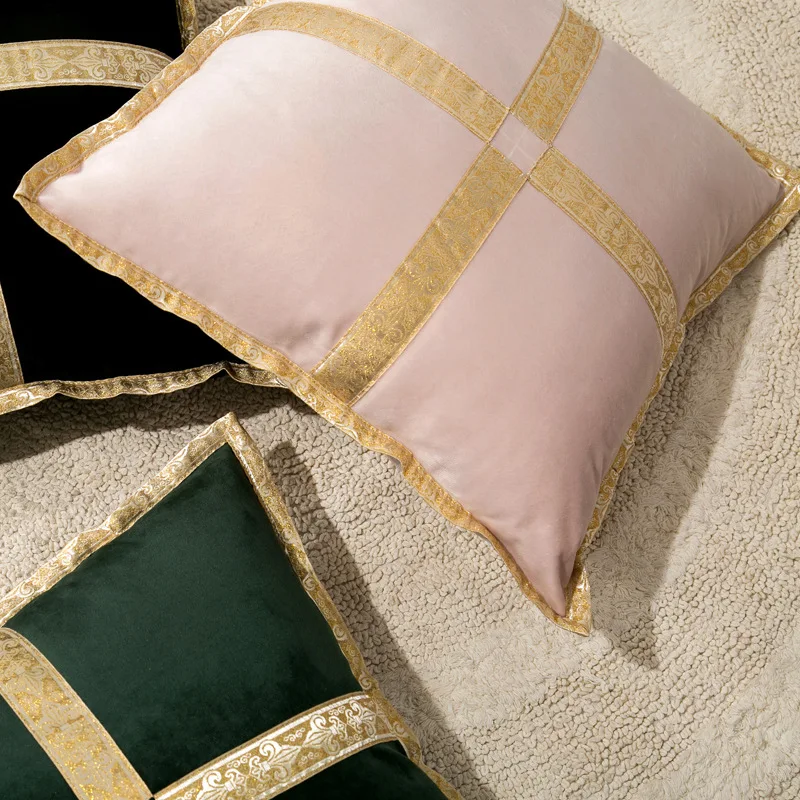 Бархатная подушка с золотой лентой, комбинированная Цветная декоративная подушка для дома, подушка для сна, квадратный чехол для подушки без внутренней подкладки - Цвет: Розовый