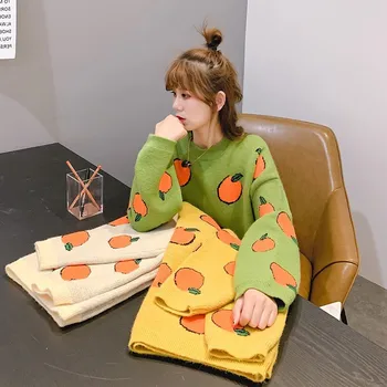 

2019 Autumn Women Long Sleeve Loose Pullover Fruit Pattern Sweater Female Korean Style Casual Jumper Winter Clothes pull femme
