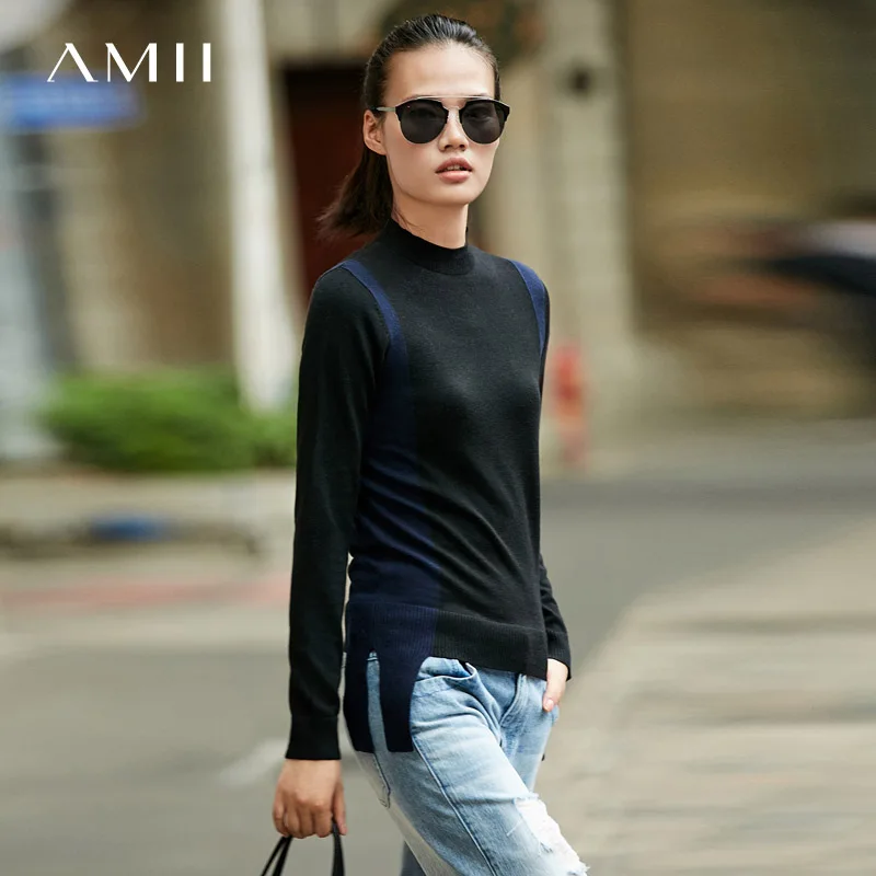 

Amii Minimalism Fall Winter Splice Slim Sweater Women Fashion New Pullover 11787025