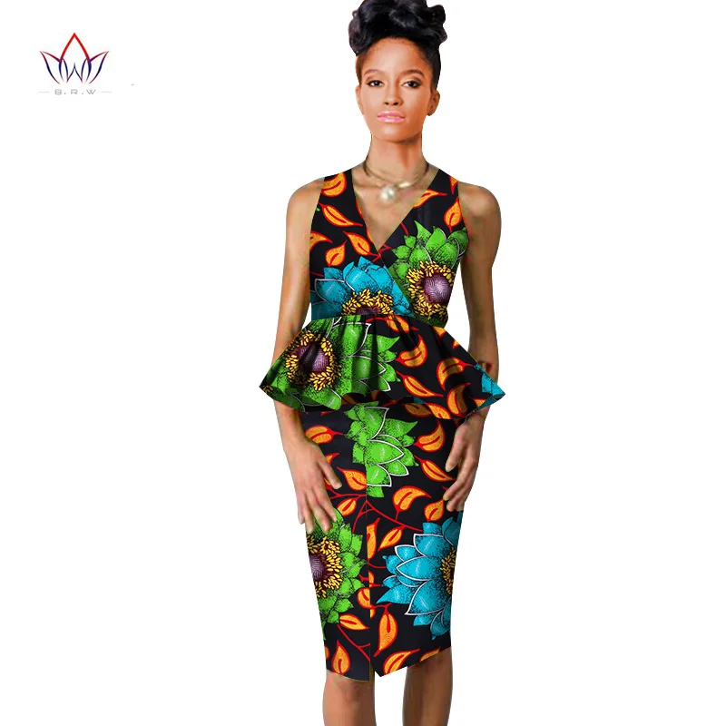 african dresses for women Dashiki v-neck skirt set sexy& club Bazin Riche africa print knee-length dress cotton 6xl BRW WY804