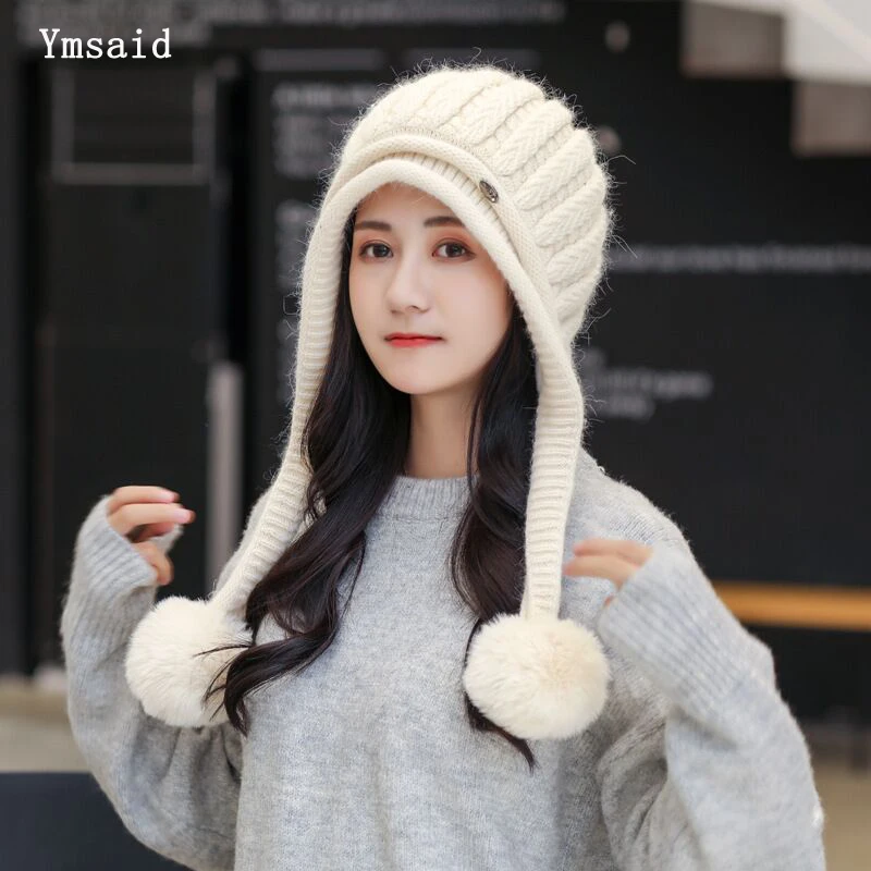 Winter Cap Ears Women Women Winter Hat Pompoms Hats Rabbit Fur Ear