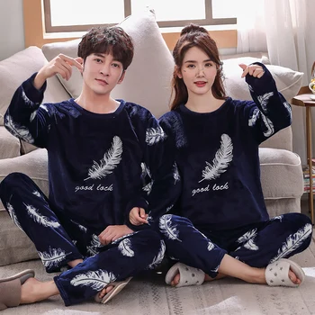 

XIOZU Korean Autumn Winter Women Thicken Coral Fleece Couple Pajamas Set Pyjamas Casual Home Service Plus Size Pijama Mujer