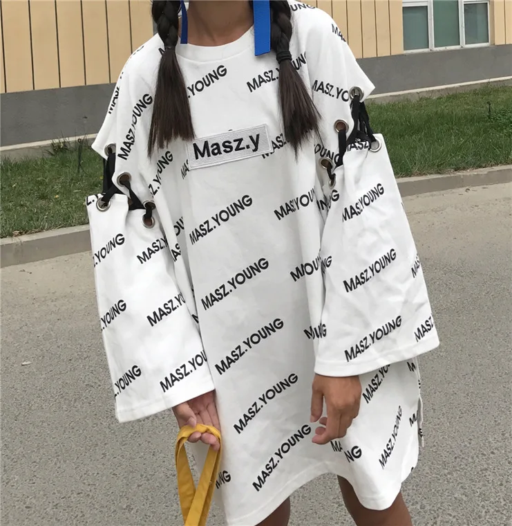 Для фотосессии Harajuku Labuhan Angin Kong-style с принтом букв бандажная ткань с большими рукавами Женская толстовка средней длины