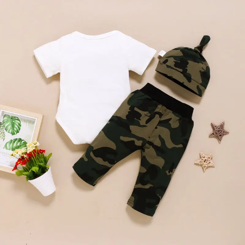 Citgeett Summer 3Pcs Newborn Baby Boy Romper Tops +Long Pants Camo Hat Outfits Clothes 0-18M Gentle Set 2