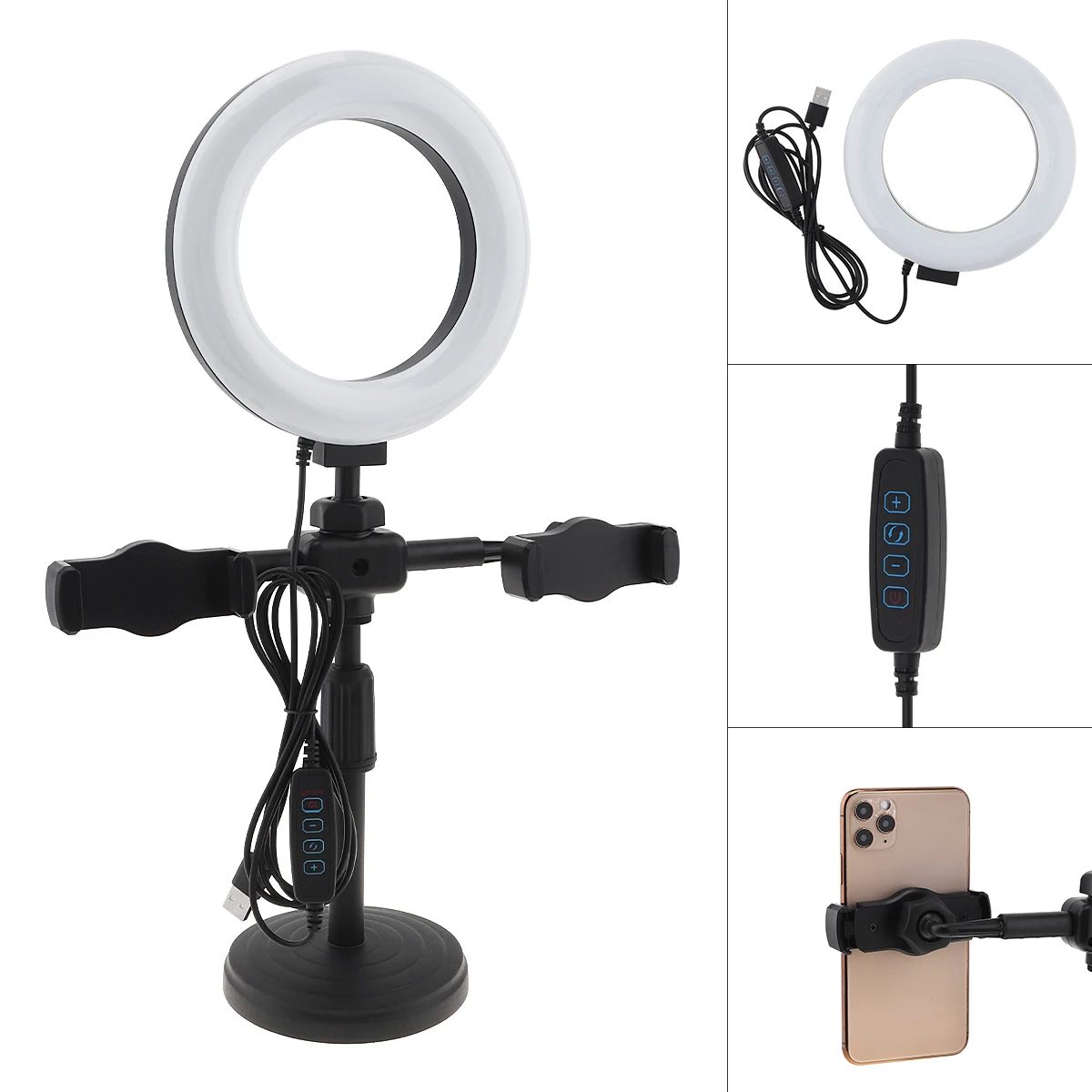 

Светодиодный светильник-кольцо для селфи, 6 дюймов, 16 см, настольная подставка и зажим мобильный телефон, 3000-5800K, заполнясветильник для прямы...