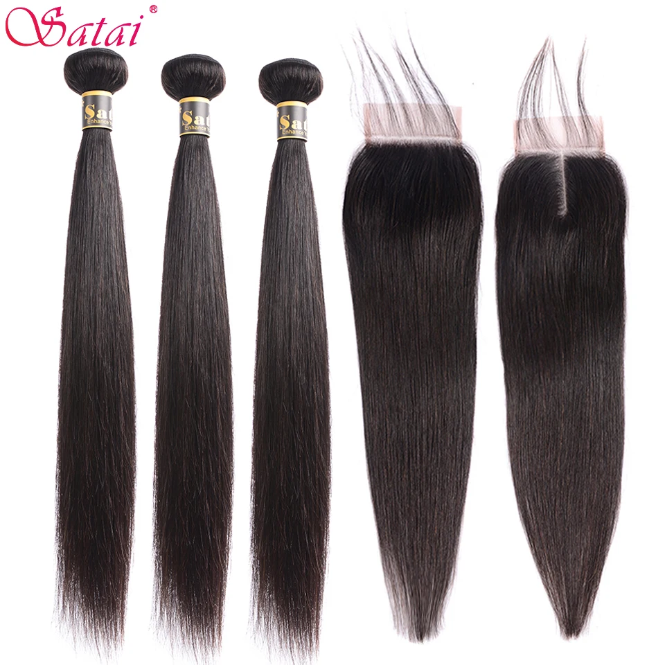 Satai Straight 8-40 Inch 3 Bundles With Closure M Brazilian Non Remy Hair Natural Color 100% Human Hair Bundles With Closure