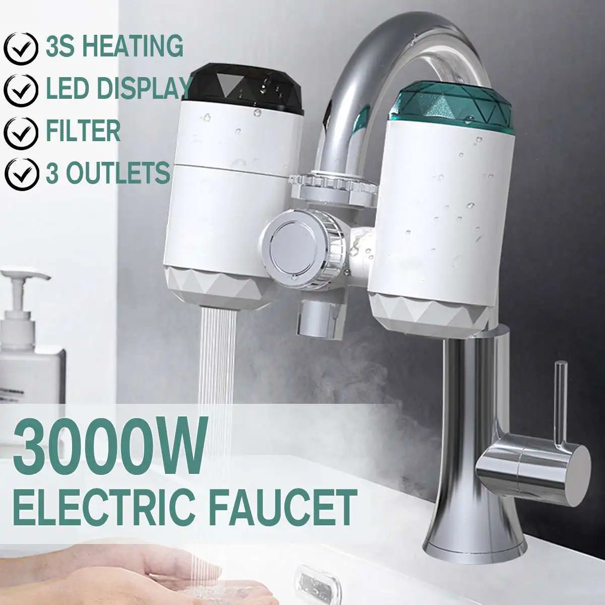 

Tankless Electric Kitchen Water Heater Tap Instant Hot Water Faucet Cold Heating Faucet Instantaneous 220V