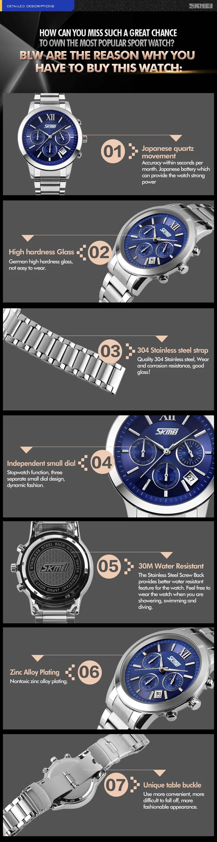 Люксовый бренд SKMEI, кварцевые мужские часы, модные повседневные часы из нержавеющей стали, водонепроницаемые наручные часы Relojes Hombre 9097