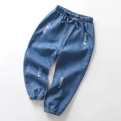 Джинсовые штаны, детские штаны для мальчиков и девочек, рваные джинсы, длинные штаны, джинсы с эластичной резинкой на талии, детские модные