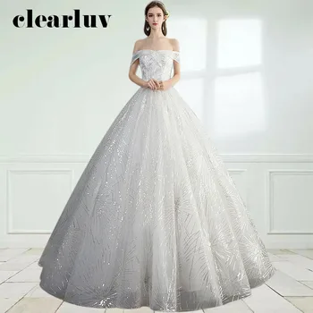

White Wedding Dress DR700 Boat Neck Long Bridal Dresses Off The Shoulder Wedding Gowns Sparkling Lace Up Vestidos De Novia 2020