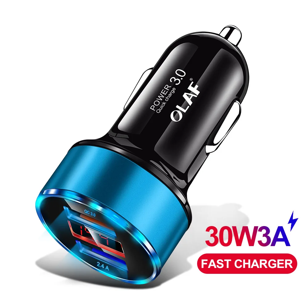 Олаф 30 Вт QC 3,0 быстрое USB Автомобильное зарядное устройство для iPhone X 8 7 samsung S10 Xiaomi Quick Charge 3,0 5 в 3 А двойной USB светодиодный дисплей автомобильное зарядное устройство - Тип штекера: QC 3.0 Blue
