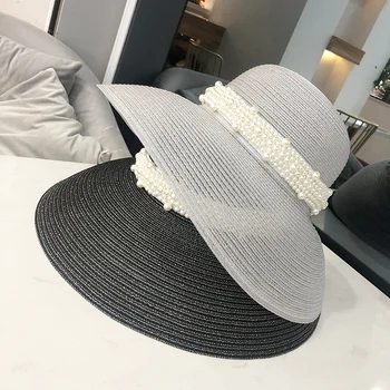 

202004-zi Hepburn style Transparent silk PEARL RIBBON beautiful lady leisure bucket cap women fishermen hat