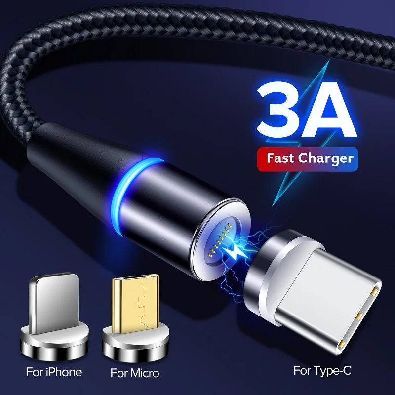 1m 2m 3A Magnetic Cable Micro USB Type C Fast Charging Magnet Charger USB C Microusb For iPhone Android Mobile Phone Cable