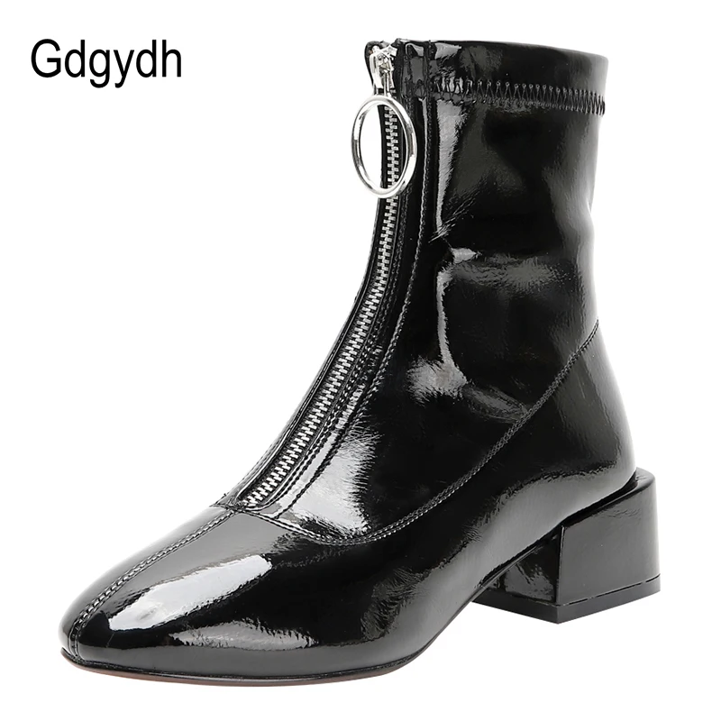 

Gdgydh Sexy Zipper White Ankle Boots For Women Mid Heel Short Boots Women Waterproof Patent Leather Square Toe Black Drop Ship