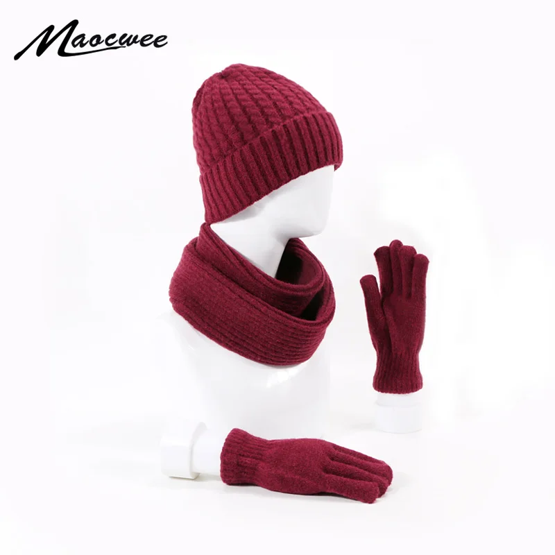 Women Man Winter Warm Knitted Hat Cap With Scarves Thickened Wool Hat Scarf Gloves 3 Pieces Winter Ski Caps Skullies Beanies