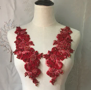 

2pcs red/gold bridal rhinestones applique, bead glass rhinestone applique with vintage design haute couture wedding collar