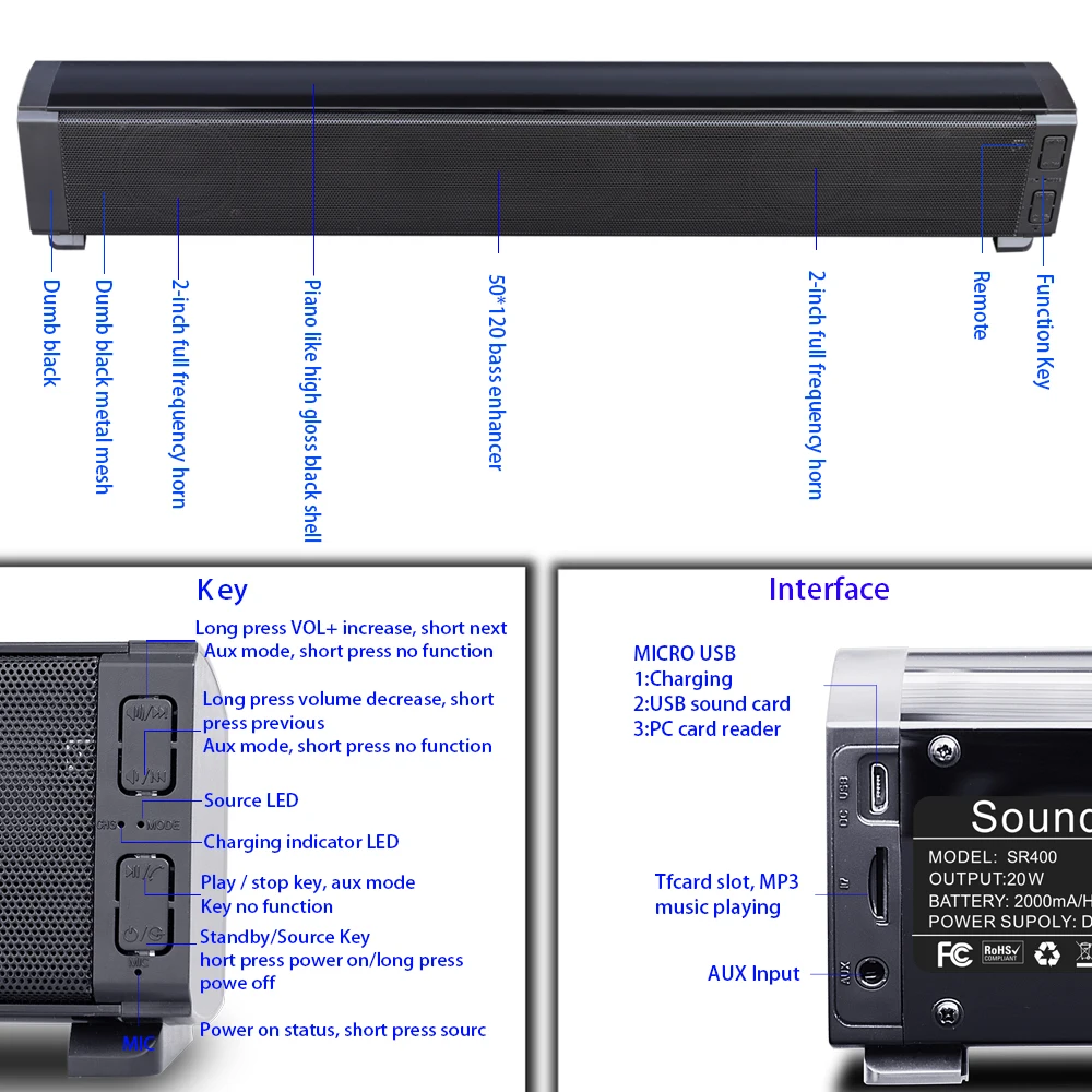 HYASIA 20 Вт Портативный Саундбар Bluetooth CP ТВ динамик беспроводной стерео TF сабвуфер колонка 2 звуковые эффекты QE ВЧ/бас регулировка