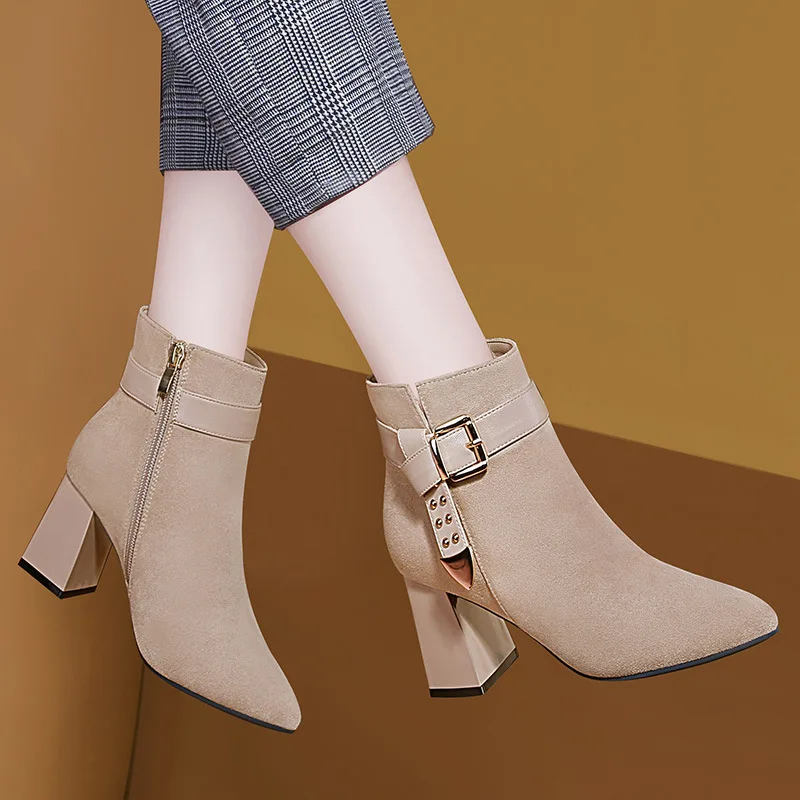 

Yang Mi Celebrity Style Martin Boots 2019 Autumn & Winter New Style Pointed Toe Chunky Heel Short Boots Women's Western Style Bo