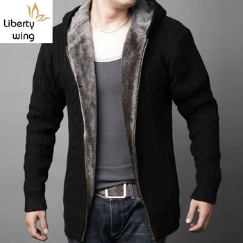 

New Arrival Cardigans Casual Hooded Zipper Mens Sweaters Winter Warm Thicken Fur Lining Hombre Knitwear
