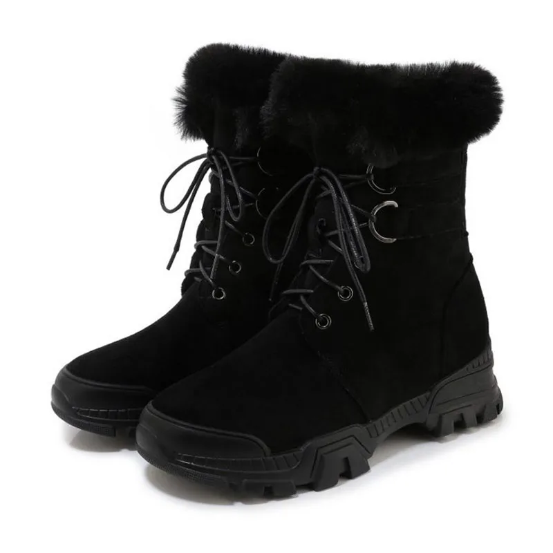 

ULKNN Genuine Leather Fashion Women Ankle Boots Keep Warm Round Toe Flats Snow Boots Plush Fur Hot Sale Shoes Women Size 35-39