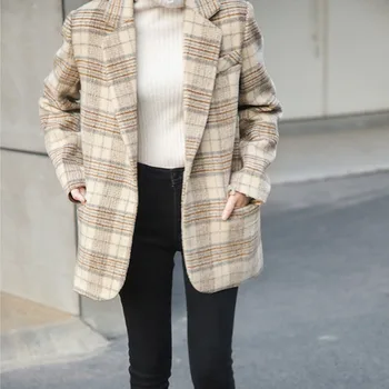 

Winter 2019 women's woolen coat casual plaid pocket decoration coat