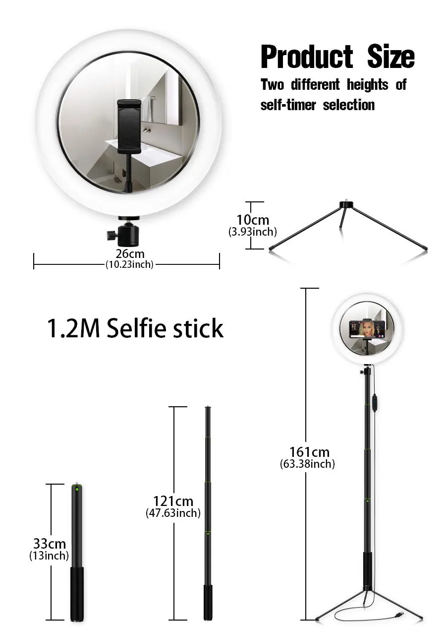 Светодиодный светильник-кольцо 26 см с зеркалом, видео светильник с регулируемой яркостью, кольцевая лампа со штативом, селфи-палка, светильник для фотосъемки s для видео YouTube