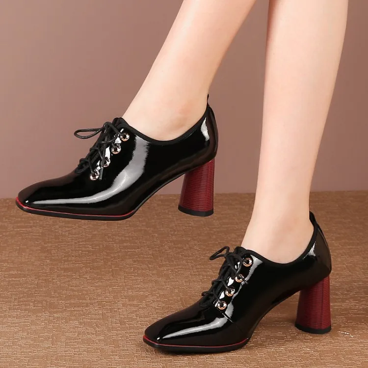 

Simple Autumn & Winter Hot Selling Women's Square Head Fashion Shoes Chunky Semi-high Heeled Full-grain Leather Lace up Front