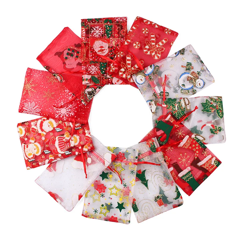 100pcs/lot Hotsale 10x15cm Christmas Drawstring Organza Bags Charm Jewelry Chocolate Party Favors Gift Packaging Bags 200pcs stars moon jewelry bags organza gift bags for business packaging jewelry accessories small sachet drawstring storage bag