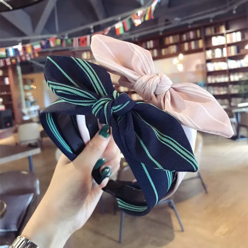 

Korean New Style Simple And Fashionable Wide Bow Tie Hair Band Stripe Rabbit Ear Non Slip Belt Teeth Hairpin Headdress Hair Ties