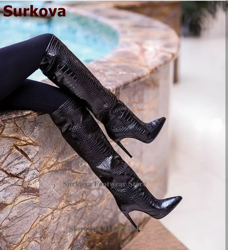 Surkova Women Sexy Crocodile Knee High Boots Sky High Heel Pointy Toe