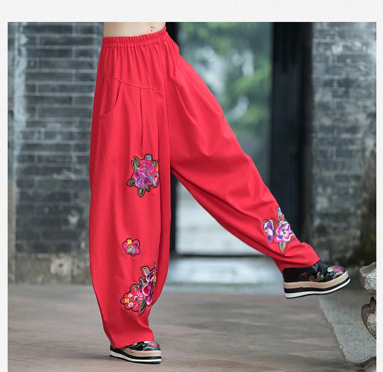 KYQIAO традиционная китайская одежда Плюс Размер Женская одежда Женская Осенняя винтажная розовая красная черная вышивка широкие брюки