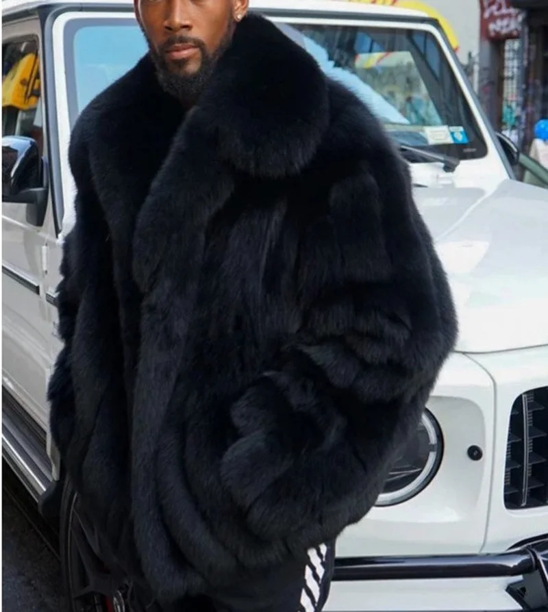 Faux Fur Coat Men Casual Black Big Fur 